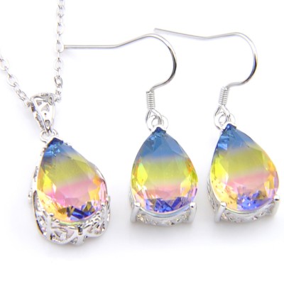 Rainbow Drop BI-Colored Tourmaline Silver Dangle Earrings Necklaces Jewelry Sets