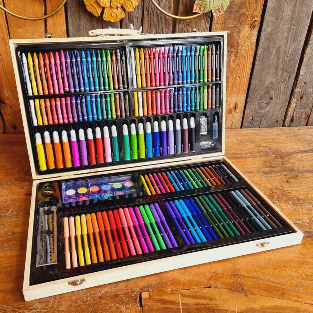 Coffret de peinture d'artiste 180 pièces bois avec crayons, aquarelles et pastels complet