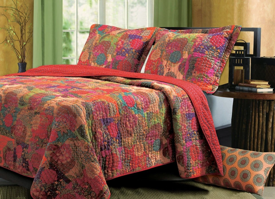 HERMOSO JUEGO DE EDREDÓN BOHEMIO GLOBAL BOHEMIO AZUL VERDE AZULADO ROJO EXÓTICO TROPICAL Foto 2 de 2