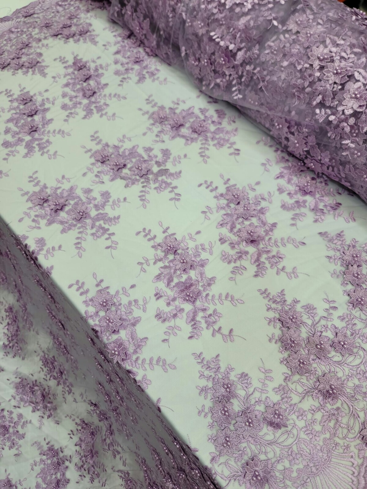 3d Lace Lavender Embroidery Pearls 3d Floral Flowers Fabric By The Yard Prom Lac