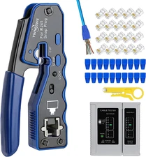 RJ45 Crimp Tool Kit Pass Thru Ethernet Crimper for Cat5E Cat6 Cat6A 8P8C Modular