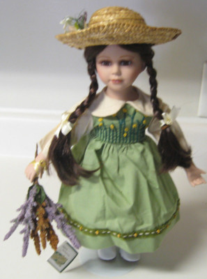 PORCELAIN DOLL COLLECTIONS GREEN DRESS BRAIDS HAT FLOWERS 