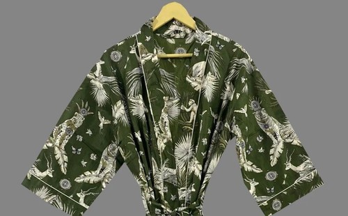 Indian Blue Patchwork Print Cotton Robe Long Kimono Sleepwear Night Suit Kimono