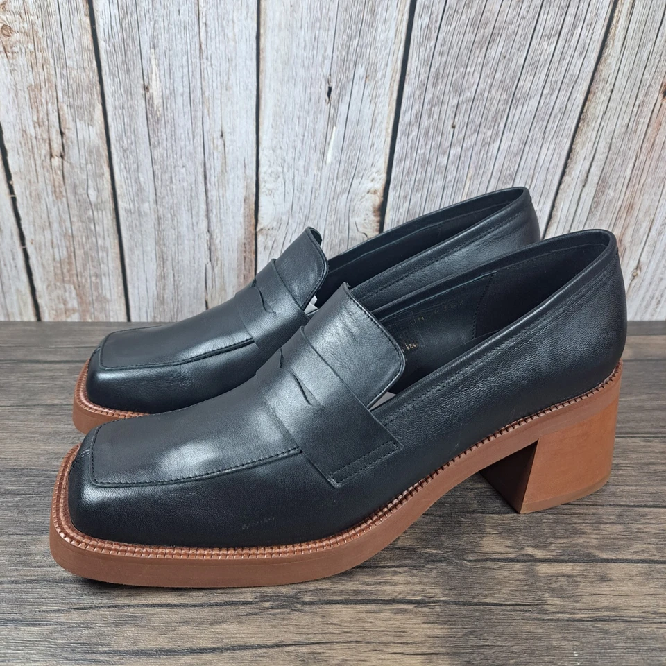 Alohas Roxanne Black Leather Loafer Clog Women's Sz 8-8.5 EU39 Block Chucky Heel