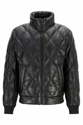 Men's Genuine Leather Padded Jacket Quilted Black Bomber Winter Puffer Jacket