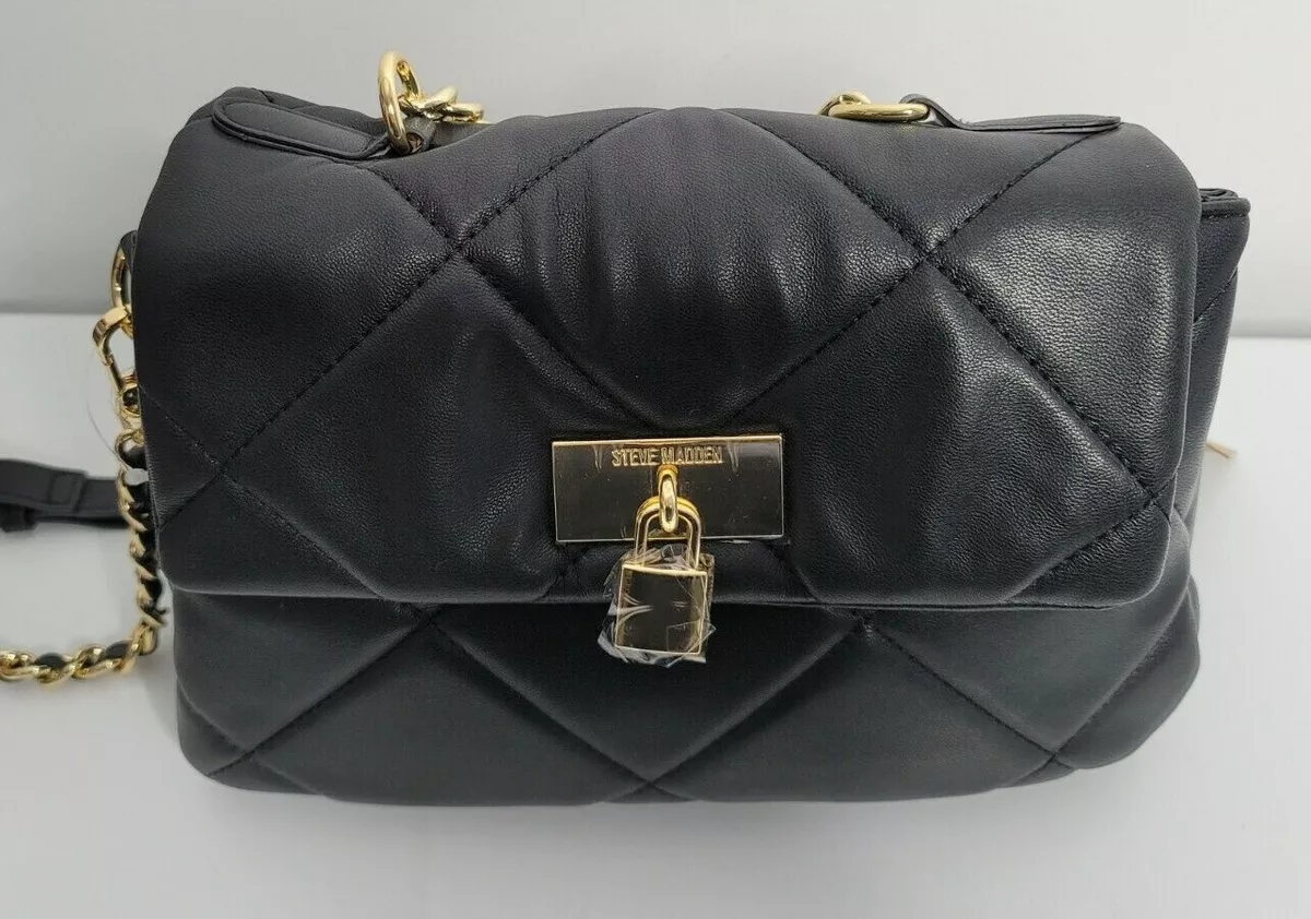 Steve Madden Black Quilted Leather Handbag With Chunky Gold 