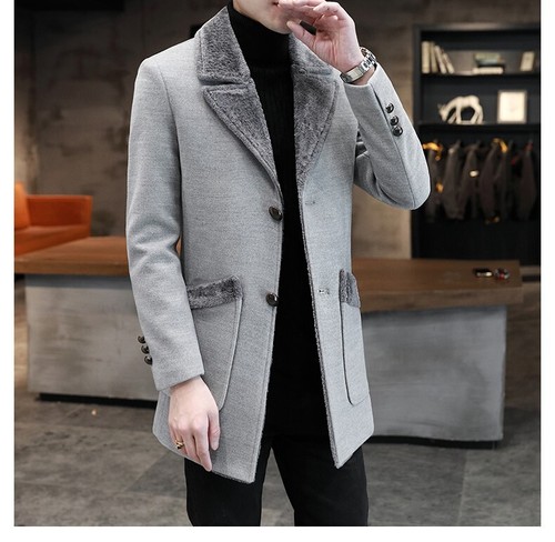 Nuevo abrigo para hombre engrosado cuello de piel sintética longitud media botón ajustado talla grande invierno