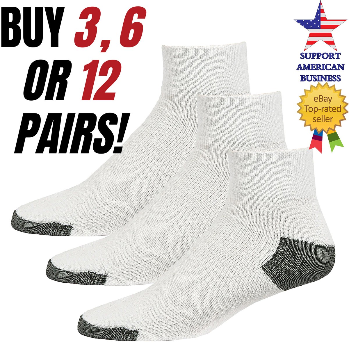 Mens Cotton White Quarter Socks Crew Ankle Sports Sock Size 9-11