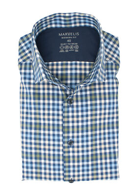Marvelis Herren Easy To Wear Hemd Modern Fit Kent Kragen Langarm Stretch Kariert