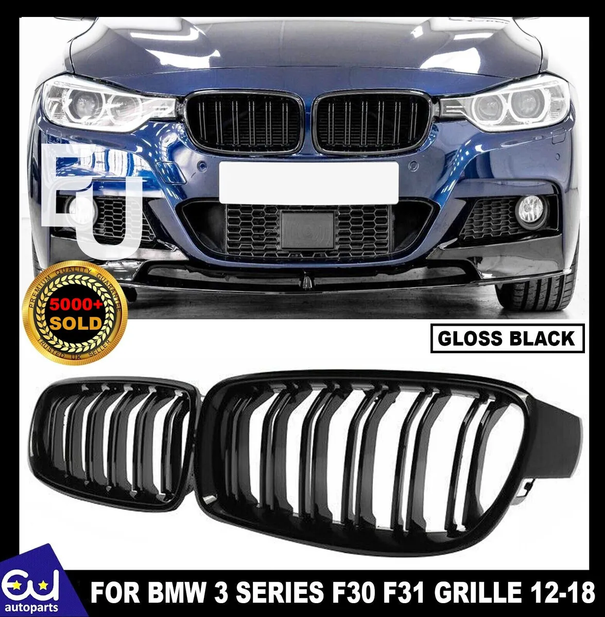 GRILLE FOR BMW 3 SERIES F30 F31 GLOSS BLACK DUAL LINE KIDNEY M PERFORMANCE  STYLE