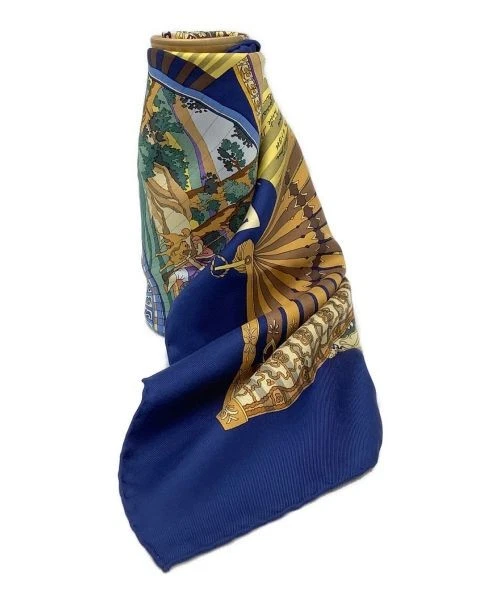 Gucci Foulard Éventail Bleu 100% Soie 35,4x35,4 en Japon Authentique