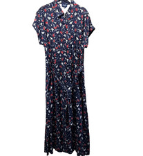 Chaps Women's Shirt Dress Size XL Blue Red Floral Maxi Button Down Short Sleeves