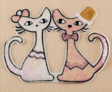 LARGE BIG Embroidered Sequins Couple Cat Patches Appliques Iron On Patch B034