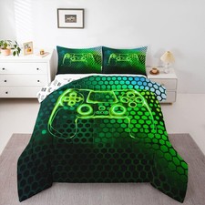 Green Gamer Bedding Set Full Size, Honeycomb Gaming Duvet Insert Geometric Ga...
