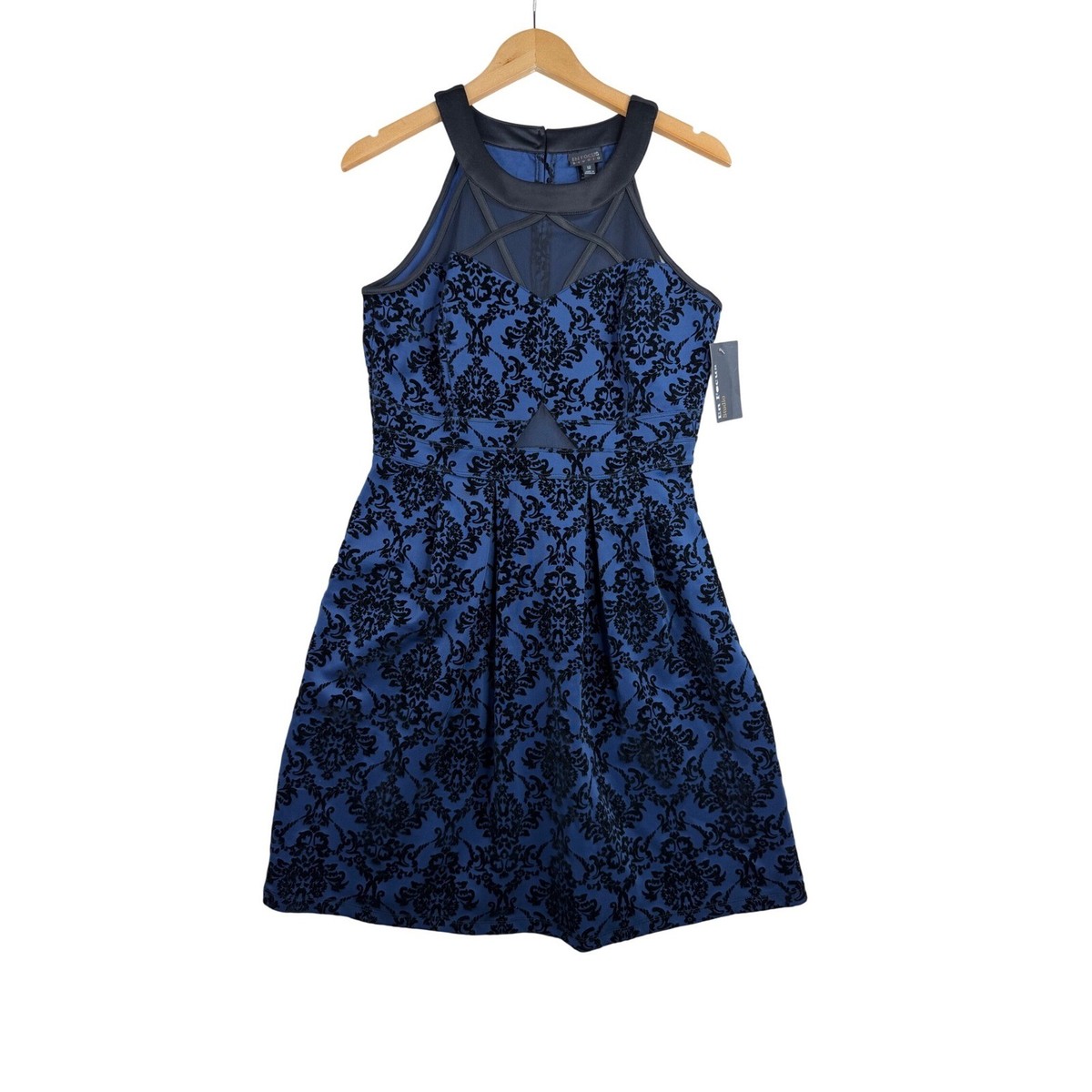 enfocus studio blue dress New Enfocus Studio Floral Damask Velvet Halter Dress size 12 Blue/Black