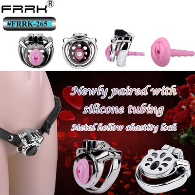 FRRK Flat Hollow Chastity Device With Sissy Urinary Tube for Men Lock 4 Rings