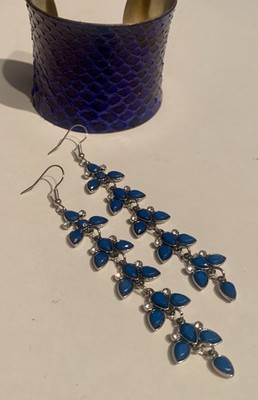 Rustic Cuff  Deep Blue Croc Tapered  2  Wide Bracelet / 3  Dangle Earrings Set