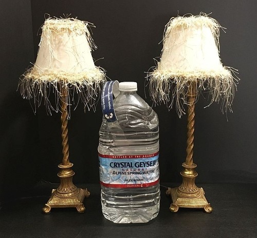 Pair of French style boudoir lamps. Small candlestick w/ twisted stems, Fringe.