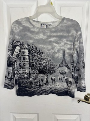 Vtg 90s Take 2 Clothing Co Beaded Rhinestone Paris Eiffel Tower Top Medium