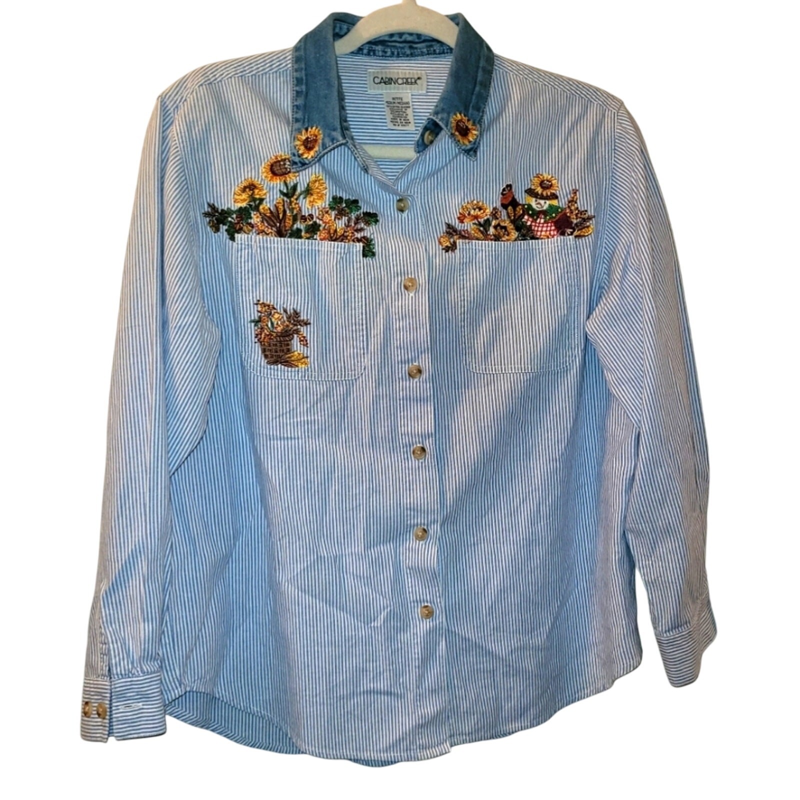 Vintage 90s Sunflower Embroidered Shirt Denim Button Up Scarecrow PM Fall Summer