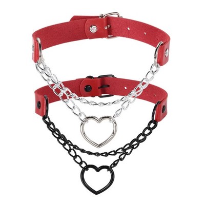 2Pcs PU Leather Chokers, Love Heart Chokers Collar Necklace, Black/Silver Red