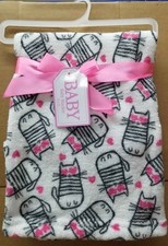 New Baby Girl Plush Fleece Blanket White Pink Grey Striped Cats Hearts 30x30