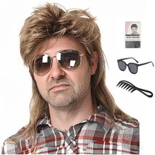 Mullet Wig for Men Joe Dirt Emo 80s 90s Costume Halloween Accessory Light Brown