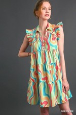 Umgee Green Mix Abstract Print Tiered Button Detail Dress with Flutter Sleeves