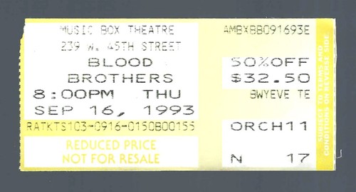 Biglietto vintage Blood Brothers Stub, David & Shaun Cassidy, Petula Clark New York 1993