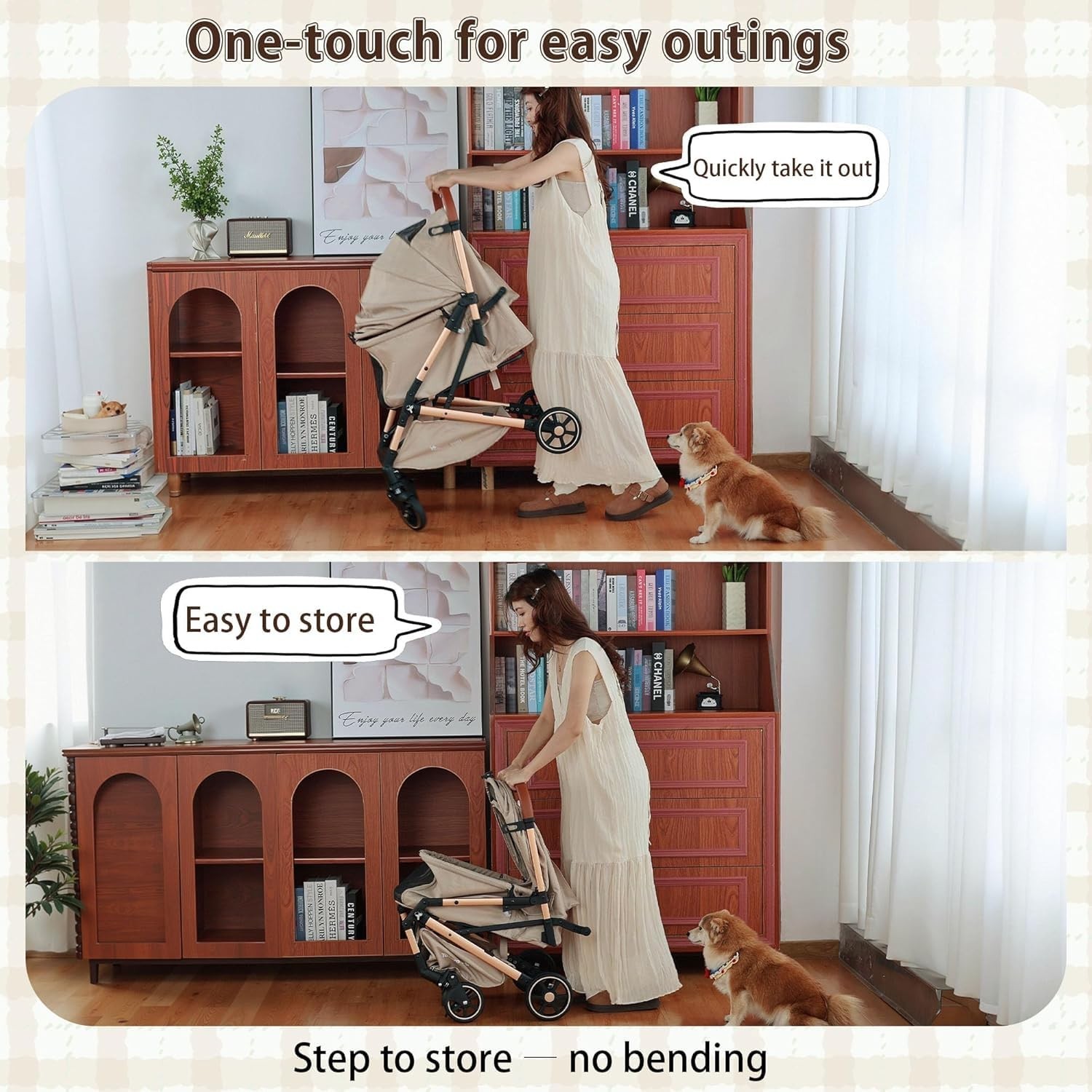 Pet Stroller with One-Click Folding & Storage Basket, for Small and Medium Do...