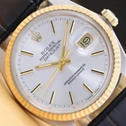 ROLEX MENS DATEJUST 16013 SILVER DIAL 18K GOLD STEEL WATCH w/ BLACK LEATHER BAND