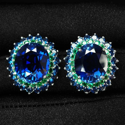 PRECIOUS VIVID BLUE SAPPHIRE 18.20CT 925 STERLING SILVER WHITE GOLD EARRINGS