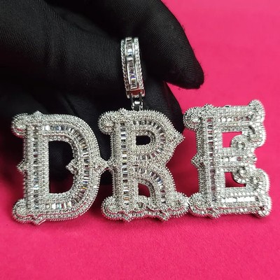 14K White Gold Plated  Hip Hop Customize Pendant 8 Ct Baguette Simulated Diamond
