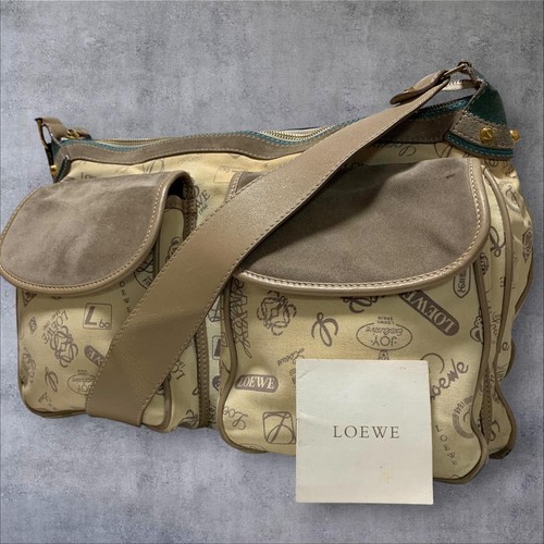 LOEWE Vintage Shoulder Bag Beige Logo Print Suede Leather 42cm Rare Japan