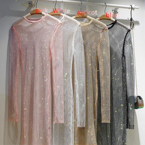 Damen Strass Netz Langarmkleid durchsichtig glänzend hohl Abend Party Midi - Bild 13 von 15