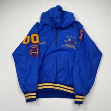 Vintage Nylon Varsity Jacket 90s Patches Centaurs Woodstock Size M USA Made Blue