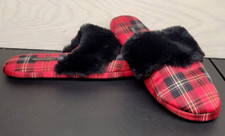 Victoria's Secret Women's Size Large Plaid House Slippers Red Black Faux Fur
