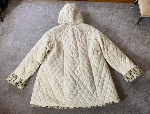 Dennis Basso Reversible Faux Fur Leopard & Quilted Cream Print Hood XL - Picture 4 of 15