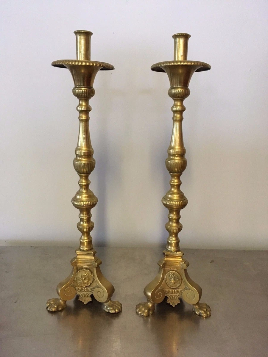 Pair of Tall 19th Century Brass French Baroque Style Candlesticks Candle  Holder