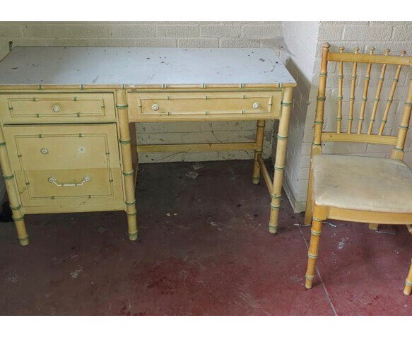 Vintage Thomasville Bamboo Hollywood Regency Desk / Chair Signed 30”x 46 L x 18”
