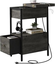 End Table with Charging Station, Narrow Side Table with Flip Top Cabinet Fabric