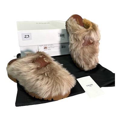 Celine Schuhe sperrig beige Lammfell Triomphe Pantolette Logo UK 6,5 BULKY Pantoletten 39,5