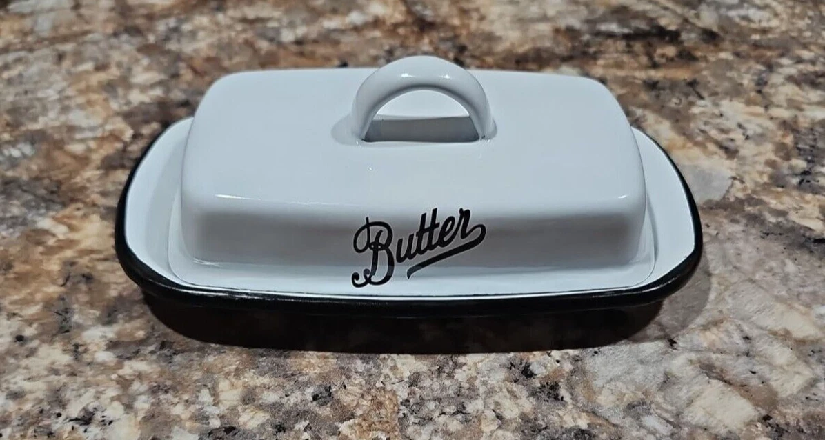 Enamelware Butter Dish with Lid, Farmhouse White Butter Dish Vintage Style NEW