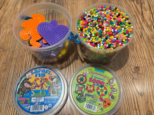 PERLER fused beads bucket with 18 Perler pegboards