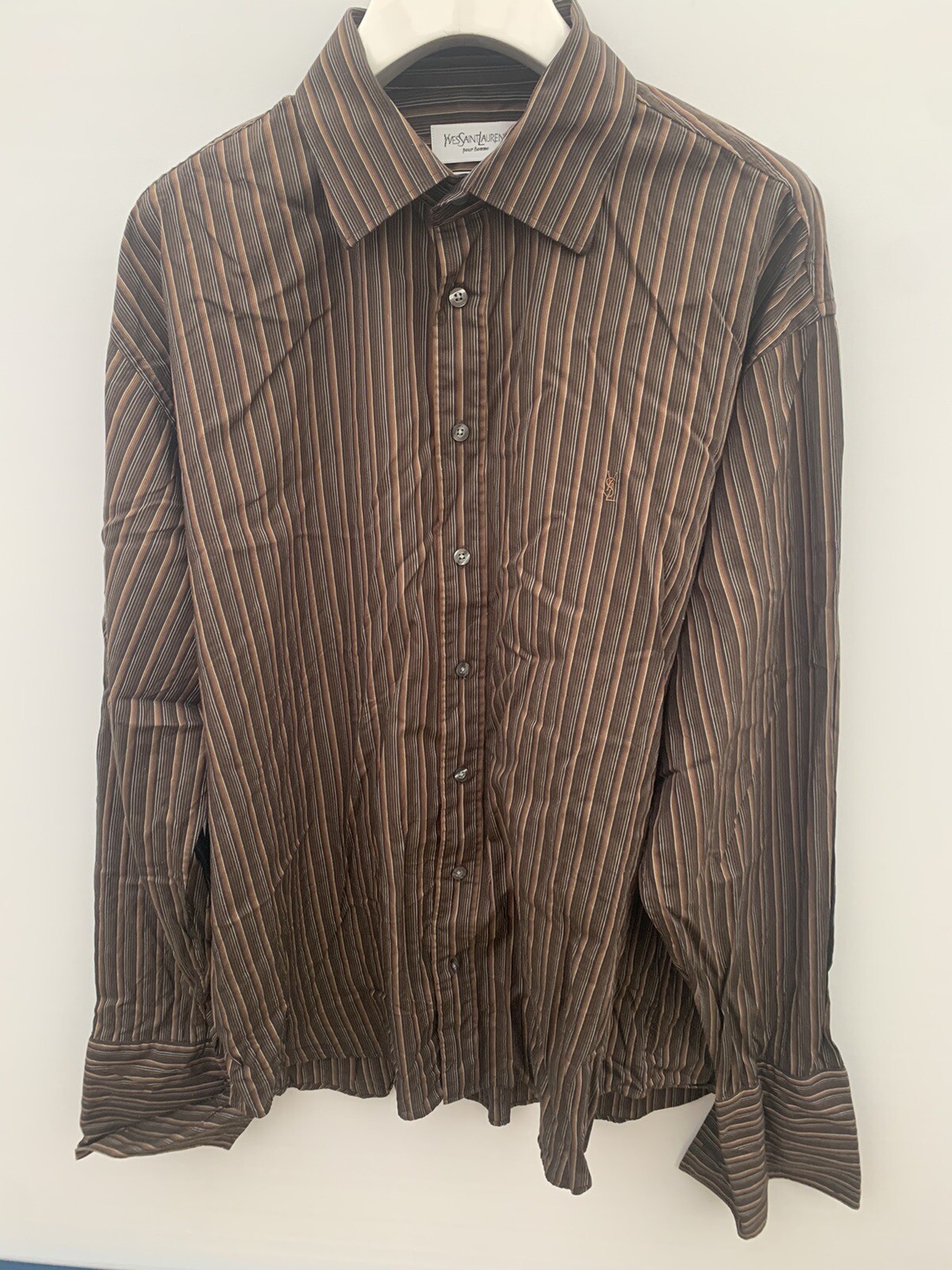 Camicia a maniche lunghe Yves Saint Laurent collare 17 1 2 44 cotone marrone a righe in perfette condizioni