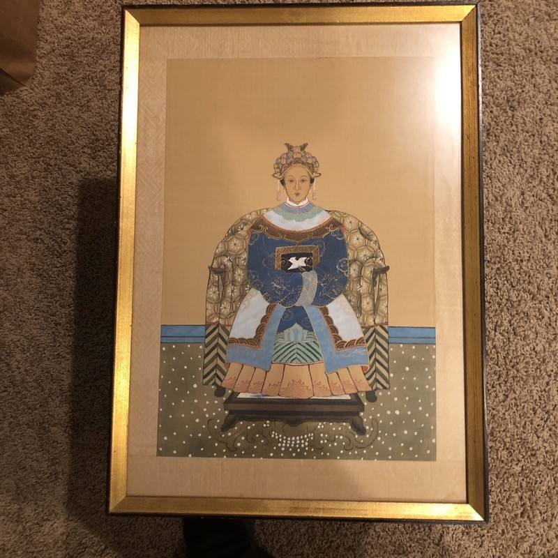 Vintage Asian Original Hand Done Ancestor Portrait Painting on Silk Framed