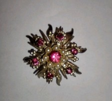 Pink Rhinestone Faux Pearl Floral Brooch Gold Tone Starburst Pin Vintage