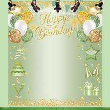 Large Green Happy Birthday Backdrop Glitter Green Gold Balloons Background