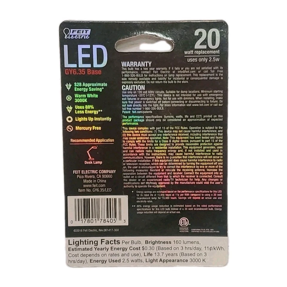 Feit Electric LED Light Bulb GY6.35 Base 20W Uses 2.5W 160 Lumens 120V FS NEW - Image 2 of 2