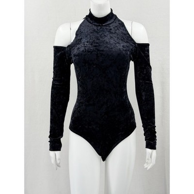Cache Bodysuit Womens Small Black Crushed Velvet Cold Shoulder Club Edgy Y2K